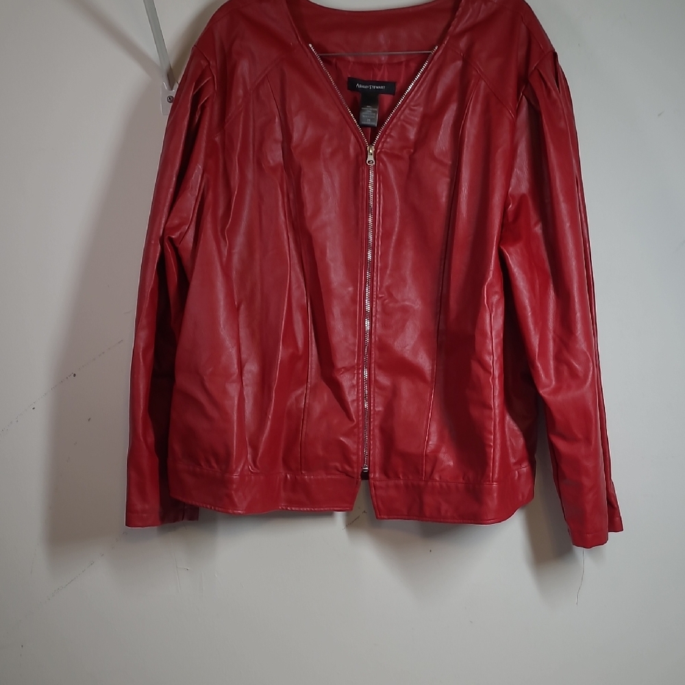 Ashley Stewart Red Faux Leather Jacket Casual Style